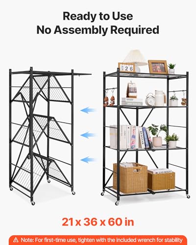 Image of VEVOR 4-Tier Foldable Storage Shelf, 36W x 21D x 60H Inch Folding Metal Rack Shelving Unit, No Assembly Organizer Shelf with 5 Wheels & 4 Hooks for Pantry, Kitchen, Garage, Basement, Black