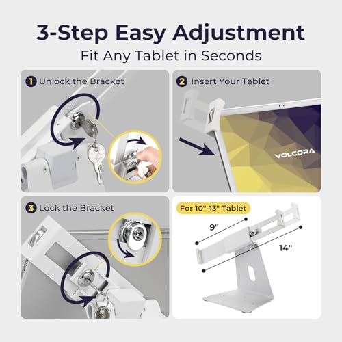 Image of Volcora Anti-Theft Tablet Stand iPad Kiosk Stand with Lock, White 10-13'' iPad Stand for Desk, Swivel, Adjustable iPad Holder for Desk, iPad Mount for Desk for POS Register, Retail Business, Cashier