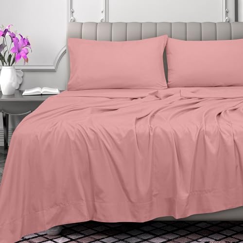 Image of Royale Linens 300 Thread Count 100% Long Staple Combed Cotton Flat Sheet - Super Soft - Top Sheets - Queen Flat Sheet Sold Separately - Breathable, Cool & Crisp Percale Sheets Only (Queen, Pink)