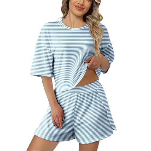 Bermuda Mujer-Pantalones Cortos Casuales De Verano para Mujer Cuello Redondo DiseñO A Rayas CóModos Transpirables Cintura EláStica Uso Diario Tela Ligera Y Suave. Shorts Mujer Correr