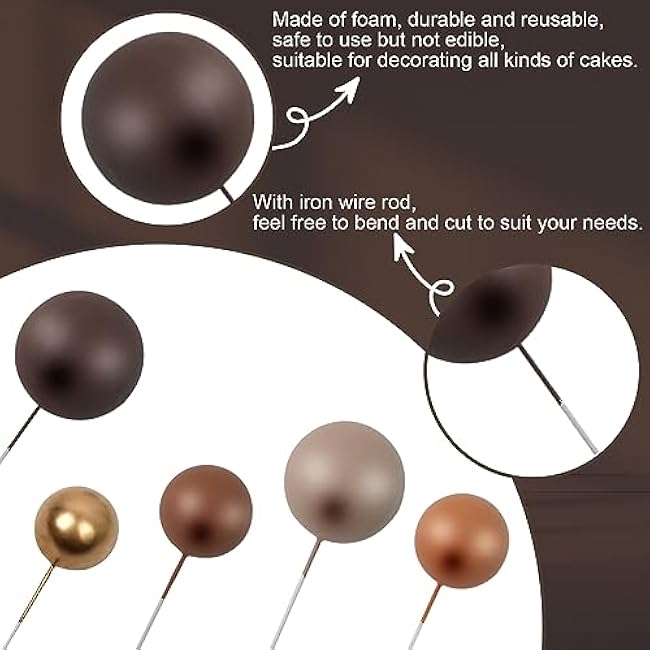 115 PCS Ball Cake Toppers - Mini Balloon Cake Decorations Foam Ball Cupcake Picks DIY cake Insert Toppers for Birthday Party Wedding Baby Shower - Brown Theme