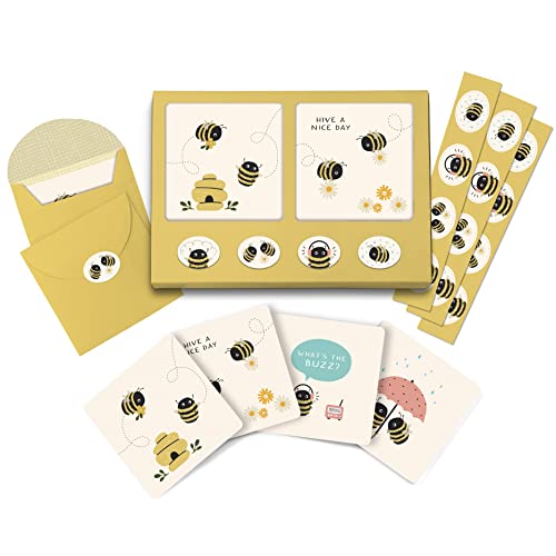 Image of Studio Oh! Buzzy Bees Blank Note Card Set with Envelopes and Stickers 12 Pack Assorted Greeting Cards, 260 GSM Textured Paper Stationery for Thank You Cards, Birthday Cards, Gift Card Envelopes