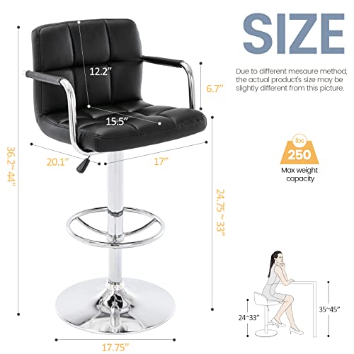 Vogue Furniture Direct Modern Pu Leather Square Bar Stools, Adjustable Swivel Barstools With Back And Arms, Airlift Counter Height Chairs For Kitchen Dining Pub Cafe Set Of 2 (Black) #TOP2