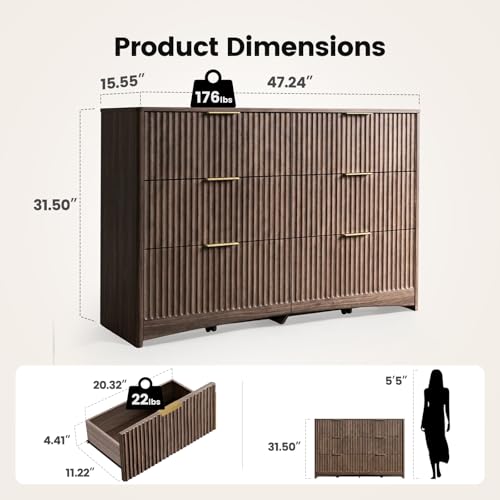 Image of Amada Modern 6 Drawer Dresser, Fluted Wood Chest of Drawers with Rounded Corners, Pre-Installed Drawer Slides, Dresser TV Stand and Storage Organizer for Bedroom, Hallway, Walnut