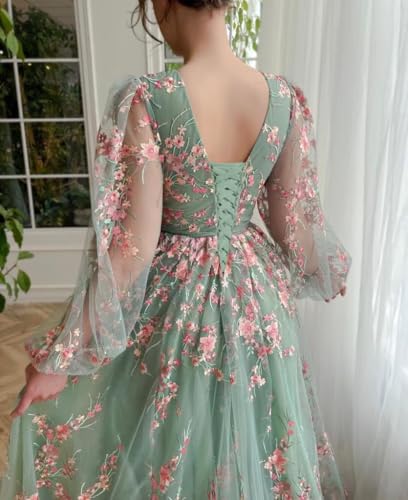 Yuxin Puffy Sleeve Flower Prom Dresses for Women 2025 Long Embroidered Tulle Lace Formal Evening Party Gowns with Pocket 8692