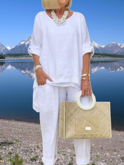 Women Linen Two Piece Pants Suit Cotton Linen Long Sleeve Shirts and Wide Leg Trousers Casual Loose 2 Piece Outfits3