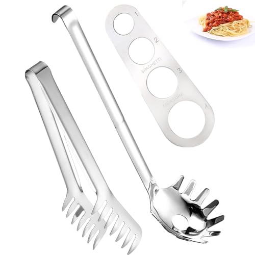 Tomuvpzn Pasta Löffel aus Edelstahl, 3 Stück Spaghettilöffel,Spaghetti Portionierer und Nudelzange Server Set,Serviergabel mit Zähnen, Spaghettizange, Geeignet zum Backen und Kochen von Nudeln