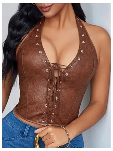Verdusa Women's Sexy PU Leather Halter Tops Backless Lace Up Sleeveless Crop Going Out Tops Clubwear3