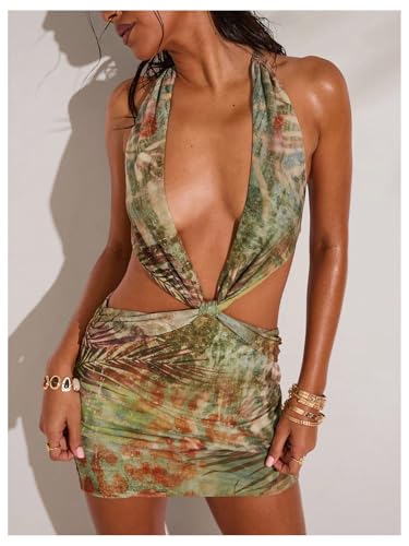 WDIRARA Women's Tropical Cut Out Halter Dress Deep V Neck Backless Bodycon Mini Dresses3