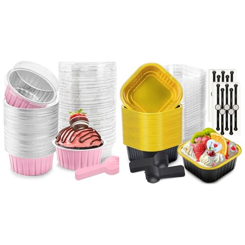 NPLUX Bundle of 50 Pack Mini Loaf Pans and 60 Pack Mini Aluminum Pans for Pudding, Souffle, Party, Wedding