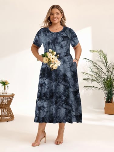 Image of LARACE Plus Size Dresses for Women Summer Casual Short Sleeve Long Dress Flowy Maxi Beach Dresses with Pockets L-6XL