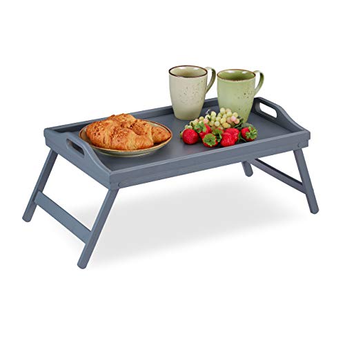 Relaxdays Bandeja Cama con Patas Plegables y Asas, Borde Elevado, Bambú, 6,5 x 50 x 30 cm, Gris