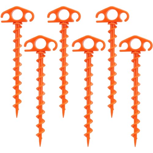 COBARYEN Tent Stakes Ground Anchors Screw in, 6 Pack Sand Stakes for Beach 9.4 Inch Heavy Duty Spiral Tent Pegs for Camping, Party, Hiking, Outdoor Decoration (6, Orange)
