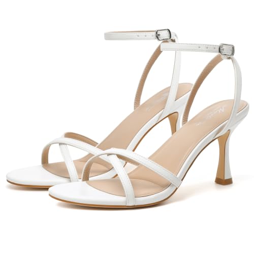 Image of Mostrin Strappy Heels for Women Ankle Strap Heels Women's Heeled Sandals for Party Prom Wedding