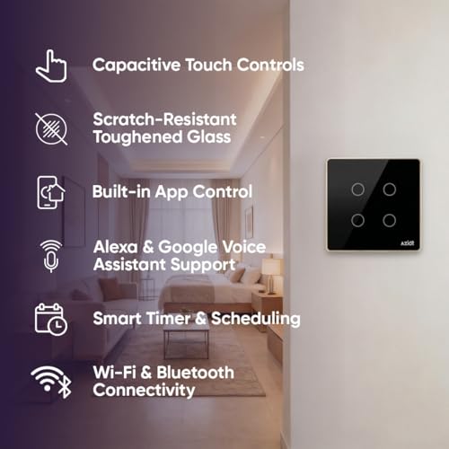 Image of AZIOT Smart Premium Toughened Glass Touch Switch Panel | Elevate 2 Module 4 Switch | WiFi + BLE | No Hub Required | Compatible with Alexa, Google Assistant & Siri | Black