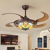 CROSSIO 48' Tiffany Ceiling Fans with Lights Tiffany Vintage Fandelier Vintage Chandelier Fan Stained Glass Ceiling Fan Retractable Blades for Living Room Dining Room