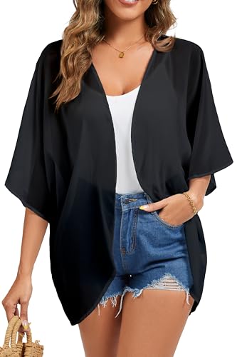 FINOCEANS Womens Floral Chiffon Kimono Cardigans Loose Beach Cover Up Half Sleeve Tops