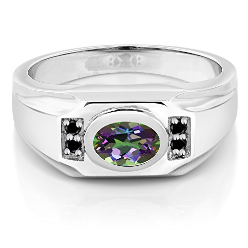 Gem Stone King Men's 925 Sterling Silver Green Mystic Topaz and Black Diamond Ring (1.73 Cttw, Gemstone Birthstone, Oval 8X6MM, Available In Size 7, 8, 9, 10, 11, 12, 13)2
