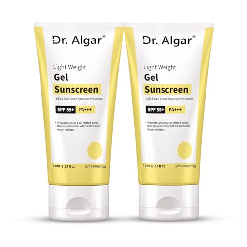 Image of Dr. Algar Professional Sunscreen Lotion SPF 55 PA+++ | Broad Spectrum UVA /UVB Sun Protection Cream for Indian Skin | Lightweight, Non-Greasy, Water-Resistant Sunblock | 75ml (Pack of 2)