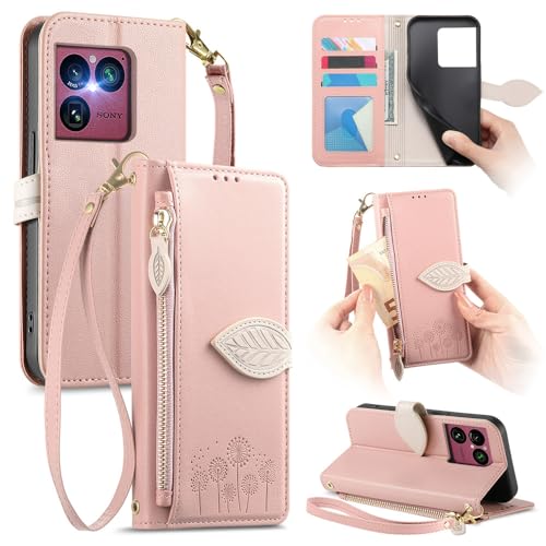 MOJIA Coque pour Sony Xperia 1 VIII, Étui Portefeuille en Cuir PU avec Motif Pissenlit, Porte-Cartes, Poche Zippée et Dragonne. Pink