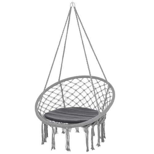 Outsunny Silla Colgante Redondo de Ø60 cm Silla Hamaca Columpio con Cojín y Cuerda de Algodón para Interior y Exterior Carga 120 kg 80x80x42 cm Gris