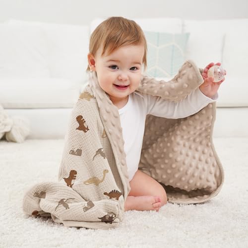 Image of Susurration Baby Blanket for Unisex Boys Girls, Soft Nursery Minky Blanket with Muslin Cotton Front and Dotted Fleece Back, Receiving Blanket for Baby Newborn Infant, 30x40inch (Dinosaur)