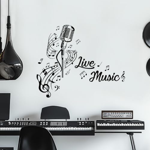 SUPERDANT Adhesivo de Pared con Micrófono y Notas Musicales, Negro, Vinilo Negro, 2 Hojas de 90 x 30 cm, Reutilizable, Para Paredes, Amantes de la Música, Dormitorio, Sala de Música, Aula