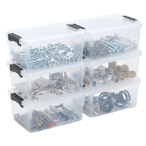 Mowhut 6 Pack Toolbox Organizer, Clear Plastic Screw Bins for Garage, Stackable Hardware Storage with Latching Lids, Mini Tool Box Containers for Nails, Bolts, Anchors, Fasteners, Craft Parts