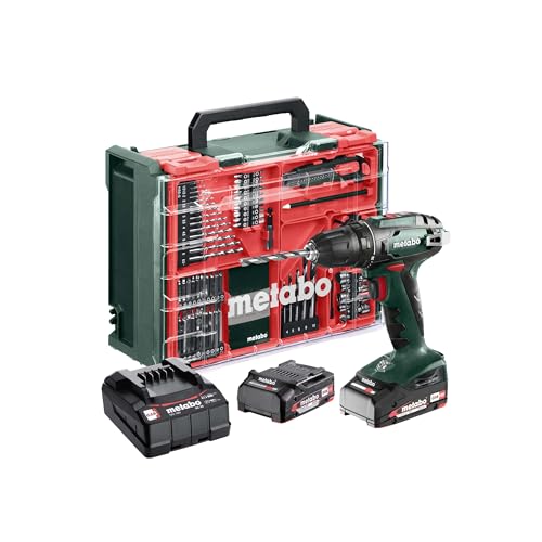 metabo Akku-Bohrschrauber BS 18 Set - 18 V, 74-tlg. Mobile Werkstatt - Schnellspannbohrfutter, Gürtelhaken, LED-Arbeitslicht - Inkl. 2 x Akku LiPOWER (2.0 Ah), Ladegerät und Kunststoffkoffer