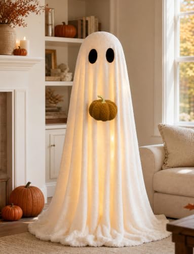 Halloween Decorations Indoor 3.6FT Light-Up Sherpa Ghost with Pumpkin - image 1