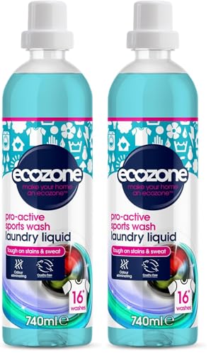 Image of Ecozone Pro-Active Sports Wash, Ultra Concentrated Laundry Liquid Bio Detergent, Washing Machine Clothing Stain & Odour Removal, Natural Vegan Non Toxic Eco-Friendly, Gentle on Skin, 16 Washes (750ml)