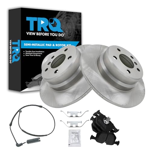 Image of TRQ Rear Brake Pad and Rotor Set Semi Metallic Solid Rotors Wear Sensor