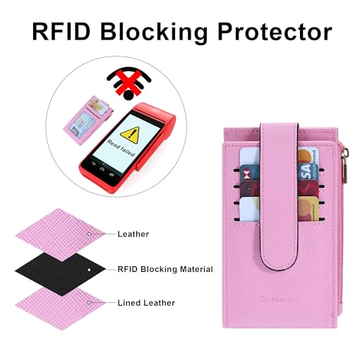 Image of Chelmon Women's RFID Slim Card Holder Wallet | Thin Bifold Multi Card Case with Zipper Coin Pocket Purse for Women(Pink)