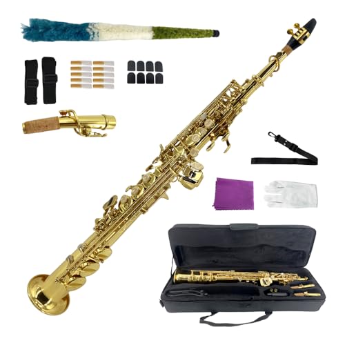 Image of Straight Soprano Saxophone Bb B Flat Sax with Case, Mouthpiece,Reeds & Accessories Brass Woodwind Instrument for Beginners,Adults & Advanced Players GOLD
