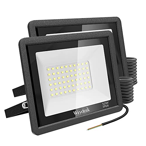 Weyderk LED Flood Light Outdoor, 2 Pack 50w Flood Lights Outdoor, IP66 Waterproof Bowfishing Lights with Cable Glands, 6500K Daylight Floodlight for Outside