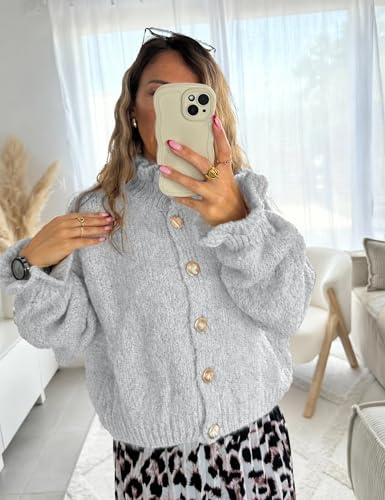 Image of Women's Chunky Knit Cardigan Sweater, Ruffle Button Down Long Sleeve Cozy Loose Fit Fall Winter Outfits(Grey-L)