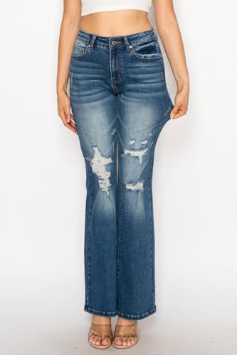 Women's High Waisted Flare Jeans - Stretchy Distressed Denim Pants with Ripped & Cut Out Details, Bell Bottom Leg3