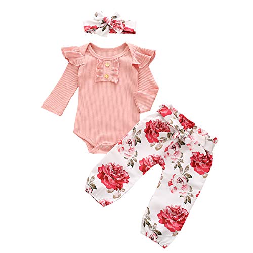 Juflam Ropa de bebé recién nacido de manga larga volantes mameluco+pantalones de lazo floral+diadema bowknot 3pcs conjunto Cover