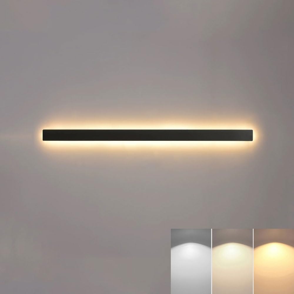 SXECAEPS Black Wall Sconce LED Light Fixture Linear Strip Lamp Bar, 3CCT Switchable, Rectangular Sconces Lighting for Living Room Hallway Bedroom Stairs(100cm)