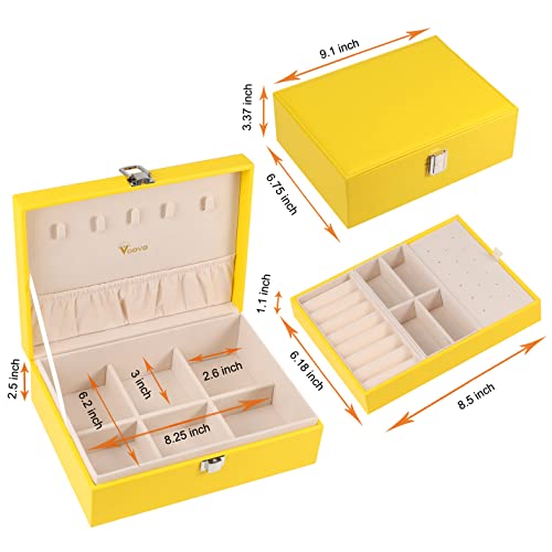 Voova Jewelry Box Organizer For Women Girls, 2 Layer Large Men Jewelry Storage Case, Pu Leather Display Jewellery Holder With Removable Tray For Necklace Earrings Rings Bracelets, Vintage Gift, Yellow #TOP5