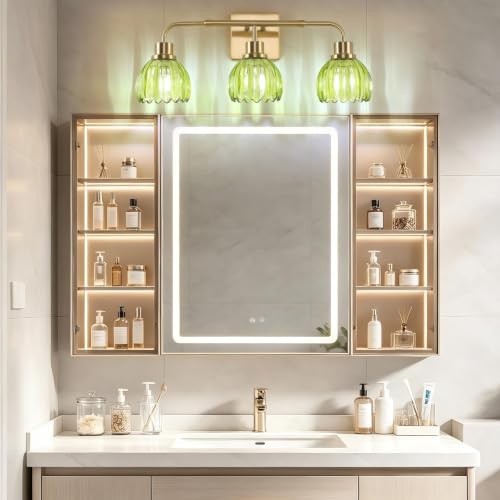 Image of Ralbay Vintage Bathroom Light Fixtures,Gold Bathroom Vanity Light,Matte Antique Brass Finish with Green Crystal Glass Shade,Wall Sconces Lighting for Bedroom,Living Room,Hallway(3-Light)