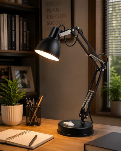 Image of AKR Matte Black LED Desk Lamp | Adjustable Swing Arm Study & Office Table Light with Stable Metal Body & Multi-Angle Design | Reading Lamp for Work Desk, Study Table & Home Use (Black)