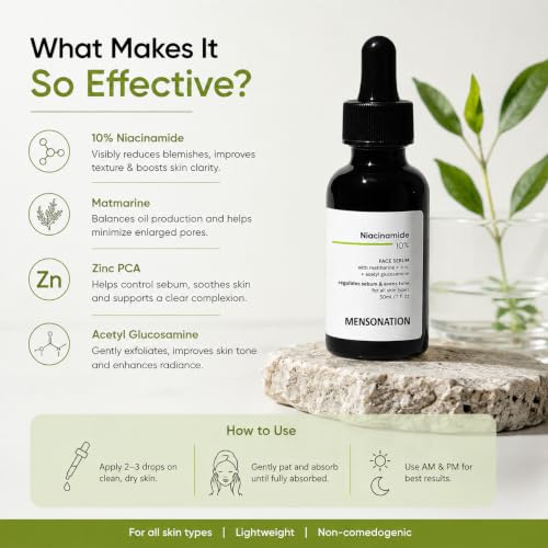 Image of Niacinamide 10% Face Serum with Matmarine, Zinc and Acetyl Glucosamine, Regulates Sebum, 30ml