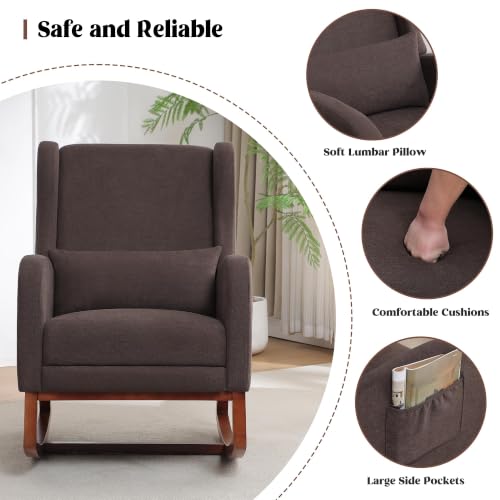Image of HCHAIRH Rocking Chair Nursery with Foot Rest, Wingback Nursery Rocking Chairs, Nursing Glider Rocker Chair with Pillow for Nursery, Living Room, Bedroom, Dark Coffee