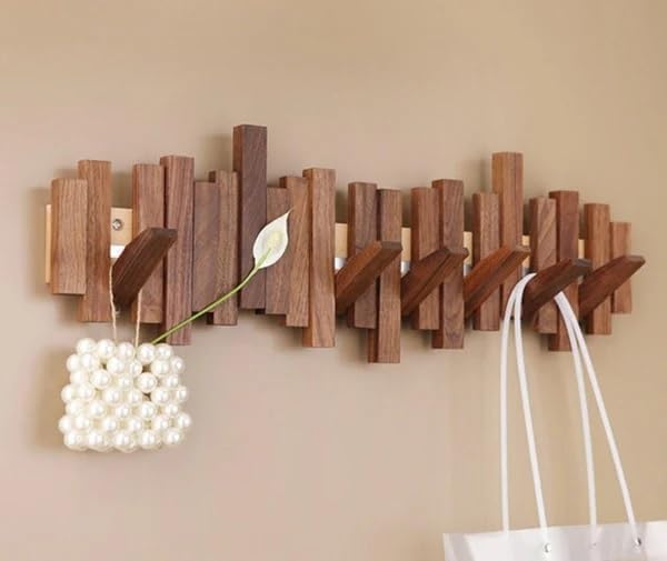 Keebori Piano Key Wall Mounted Coat Rack - Decorative Wooden Flip Down Multi Hooks for Entryway & Mudroom Solid Wood Vertical Piano Hook Organizer - Artistic Wall Art Decor for Home & Studio 1