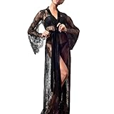 ROSVAJFY Women's Sexy Dressing Gown, See Through Lace Floral Lightweight Floor Length Kimono Robe for Nightwear, Beach Coverup (UK, Alpha, One Size, Regular, Regular, Black)