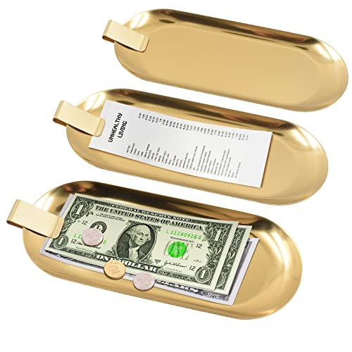 3 Pack Check Holder Tip Trays with Clip, Gold Money Clip for Cash and Credit Cards, Stainless Steel Money Tip Clips Check Holder for Restaurants, Bars, Hotels and Dining (8.7 x 3.5 Inch)