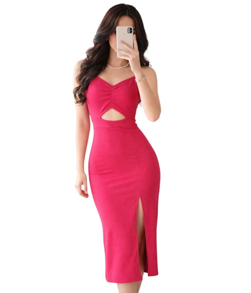 Image of IUGA Women's Cut-Out Midi Dress with Side Slit | Elegant Bodycon Dress