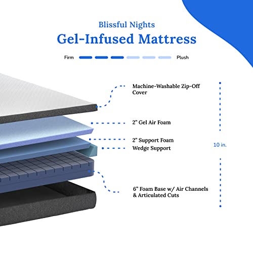 Image of Blissful Nights e3 Split King Adjustable Bed Base Frame with 10 inch Medium Firm Gel Infused Memory Foam Mattress