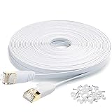 Cat7 Flat Ethernet Cable, [50 FT]10 Gigabit High Speed Shielded (SSTP) Computer network Cord with Gold Plated Snagless Rj45 Connectors for Xbox, PS4, Modem, Router, Networking switch, ADSL -White
